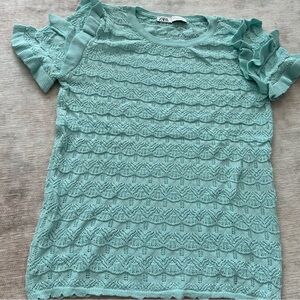 Zara Pointelle ruffle blouse small